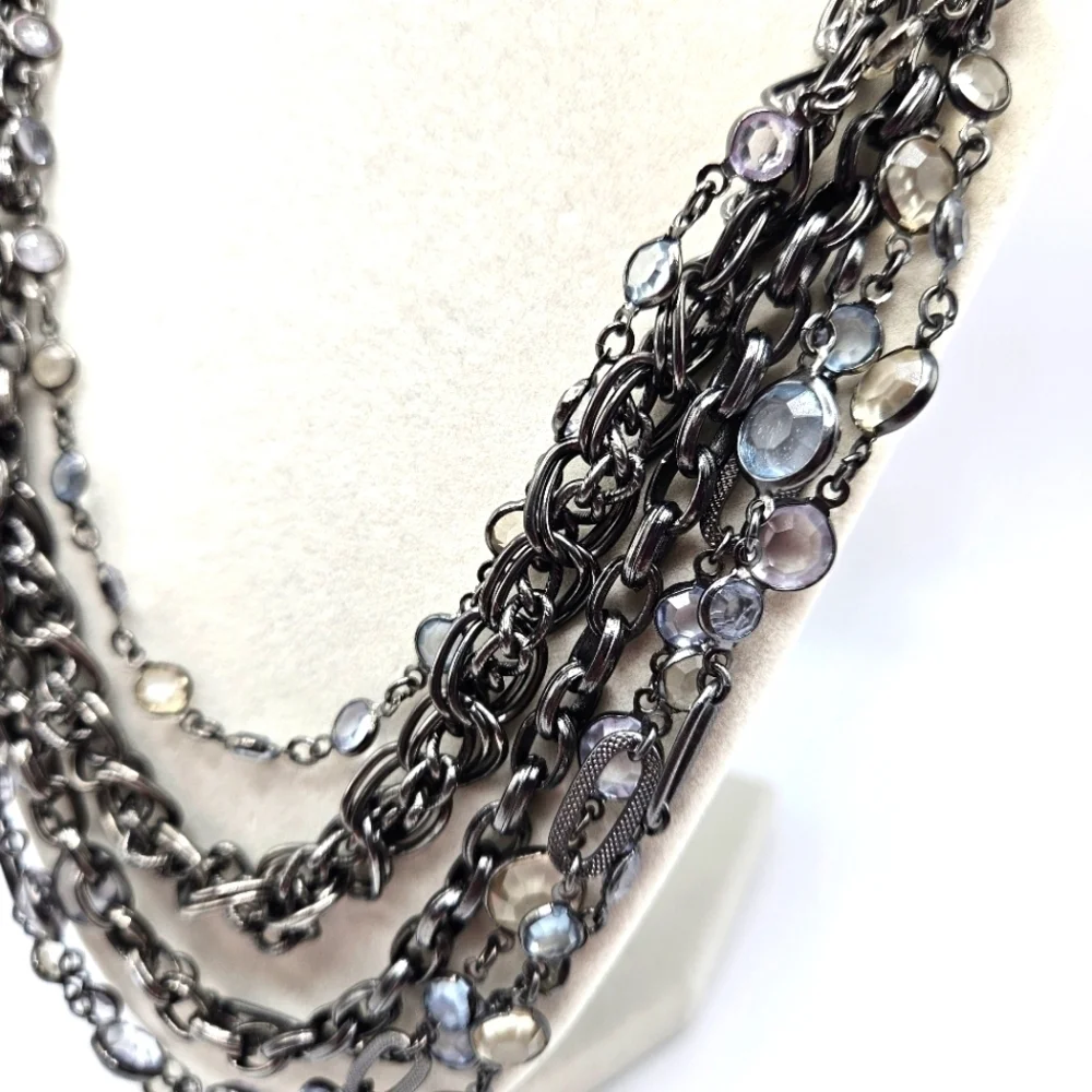 VINTAGE Talbots Gun Metal Multi Strand Chain Clear Stone Beaded Necklace